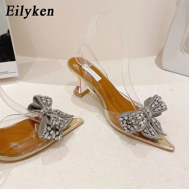 Eilyken Spring Autumn Crystal Sequined Bowknot Silver Women Pumps Low High Heels PVC Transparent Sandals Party Wedding Prom Shoe