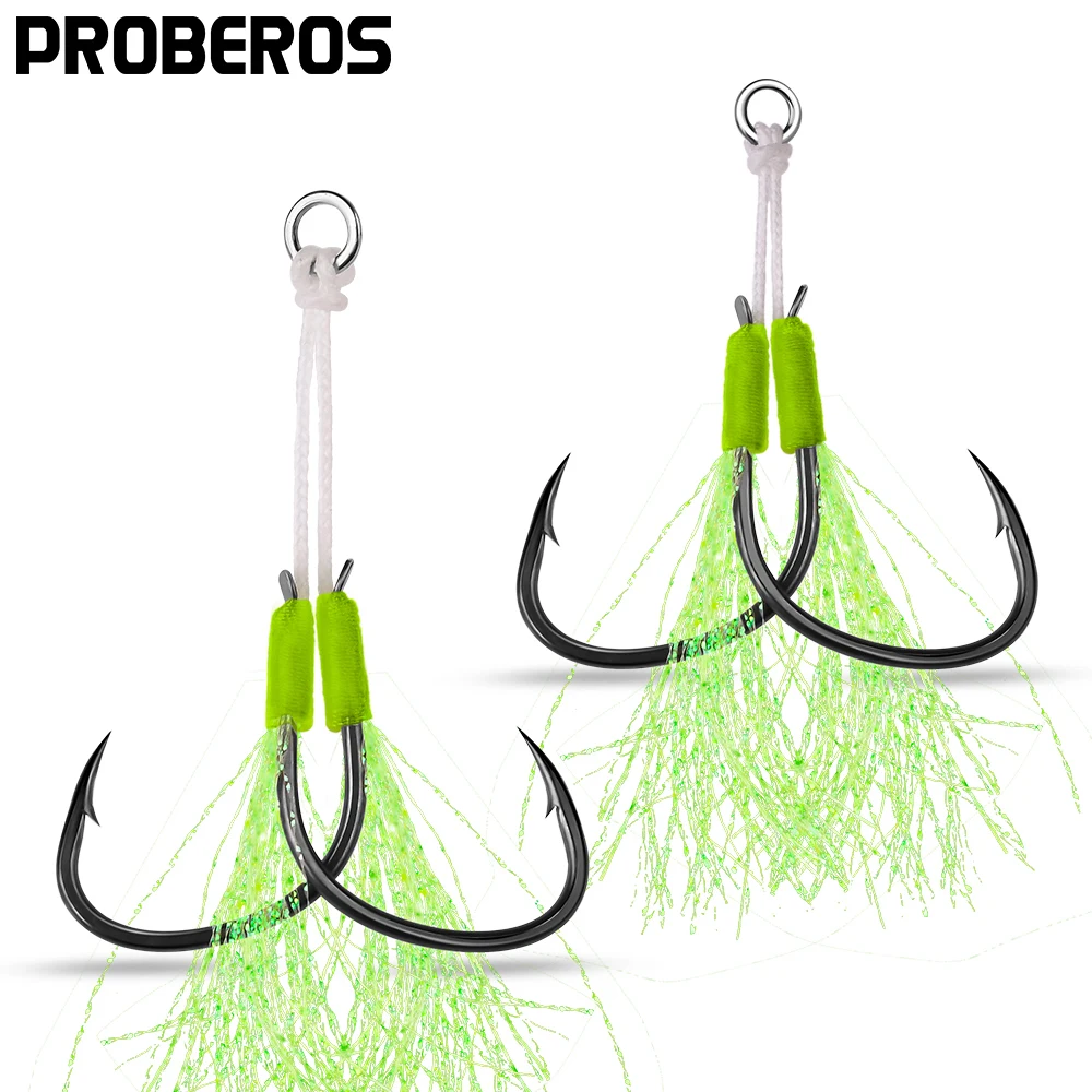 PROBEROS 2pcs Double Fishing Assist Hooks Kit,With tassels Slow Fall Jigging Lures,Perfect for Vertical Jigging,Outdoor fishing