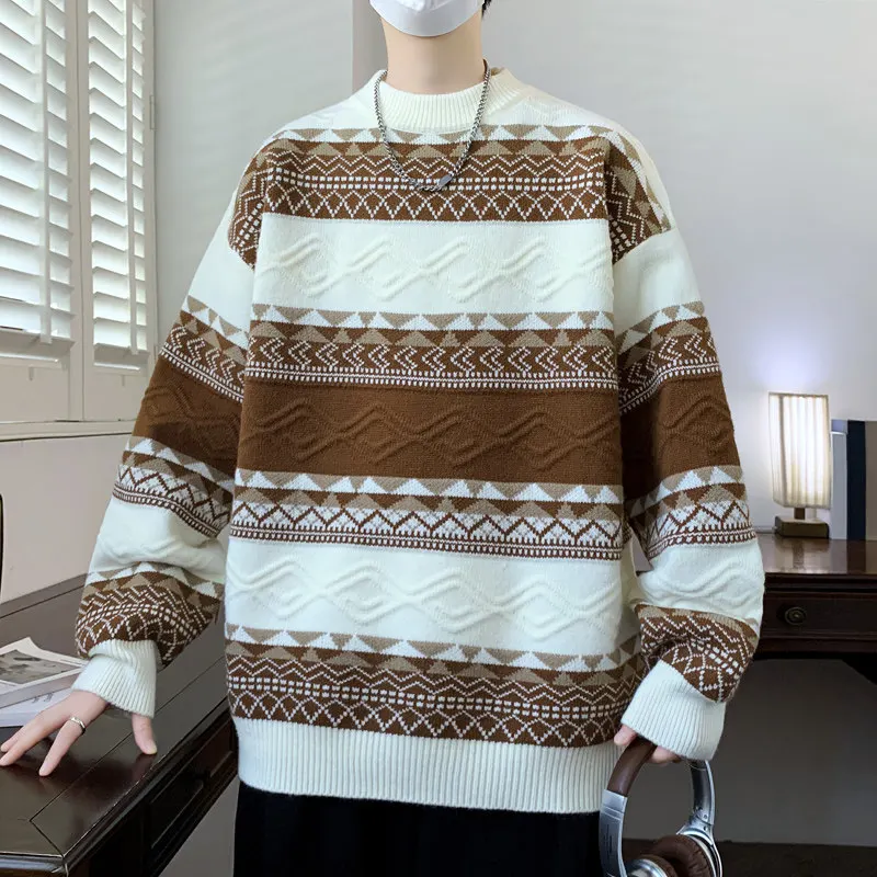 

Теплый модный вязаный свитер с круглым вырезом, базовый слой, повседневная этническая одежда, зимняя мужская одежда, универсальный топ с длинными рукавами