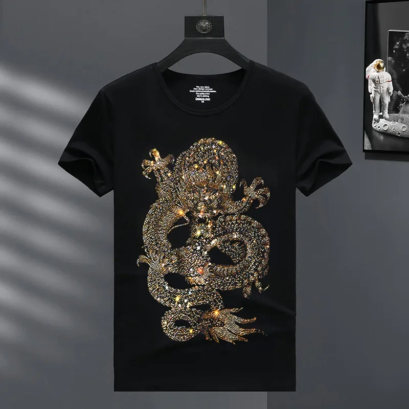 

Cartoon Dragon Rhinestones T Shirts Men Summer Tops Fashion Streetwear Short Sleeve O Neck Slim T-shirt Man Camisetas De Hombre