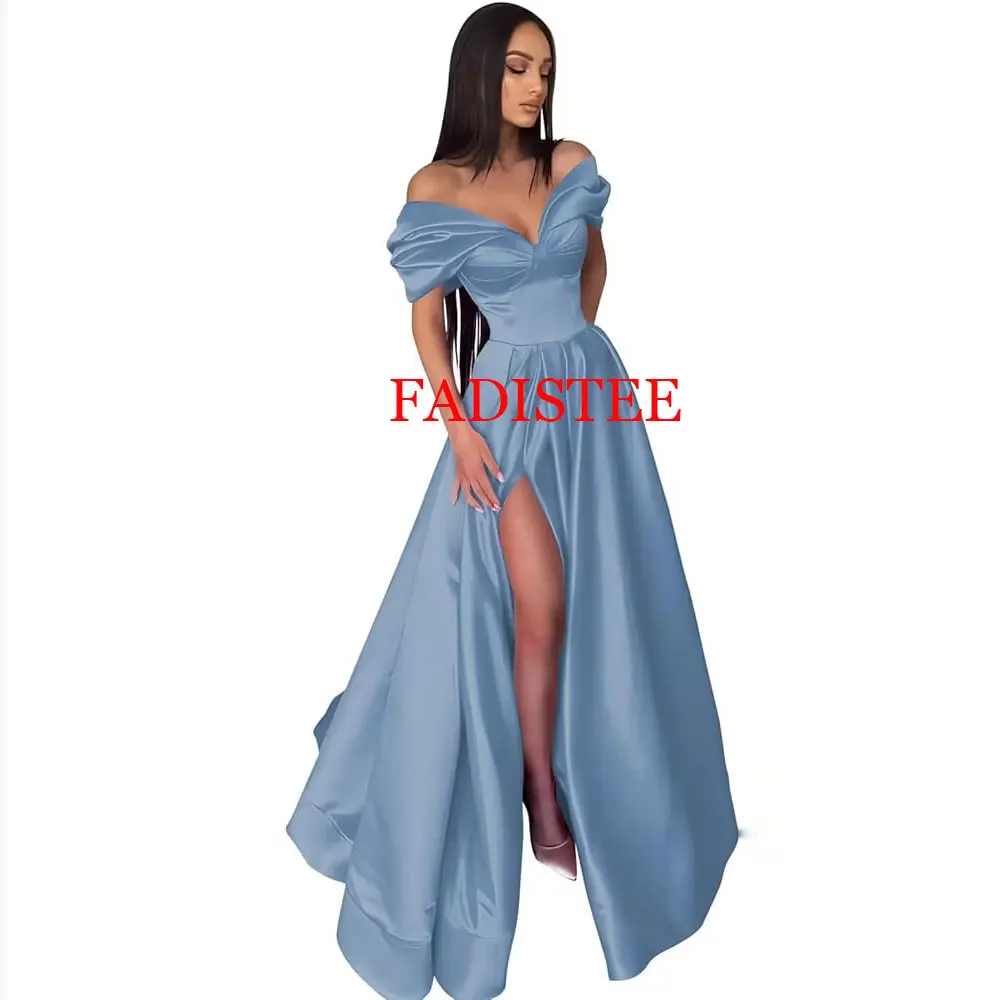 

Customized Pleats Prom Dresses Satin Side Slit Evening Gown Off Shoulder Party Evening Dress For Woman Formal Robes De Soirée