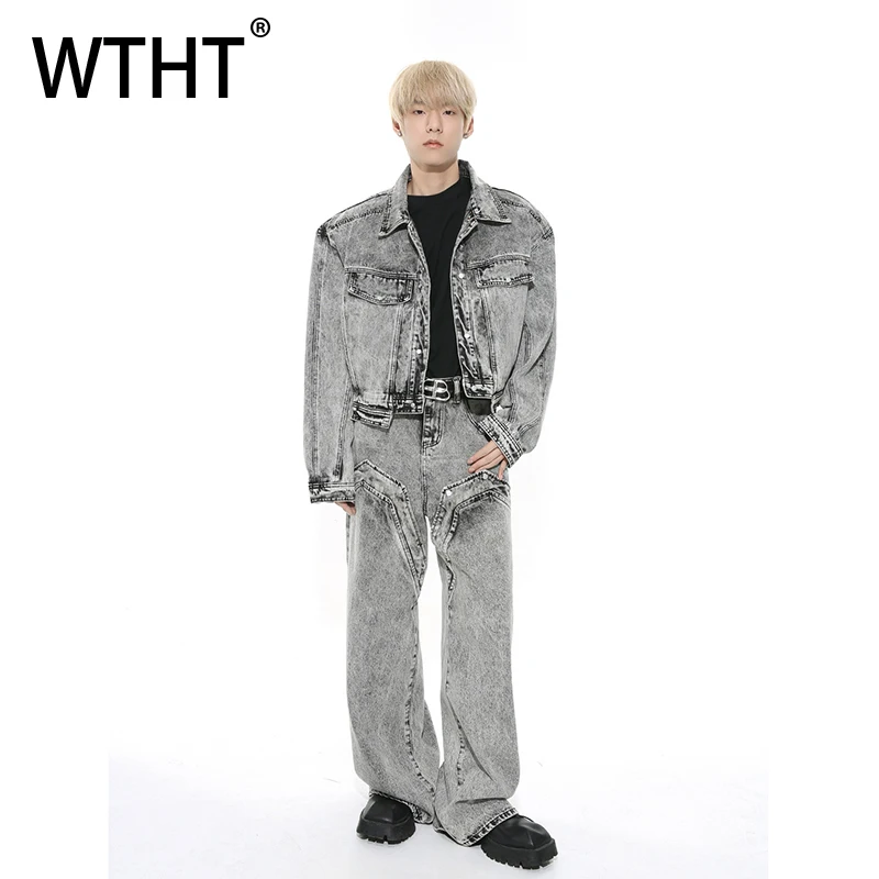 

WTHT Fashion Men's Patchwork Long Sleeves Single-breasted Denim Coat Trendy Solid Color High-waisted Jeans Male Summer 2A0036