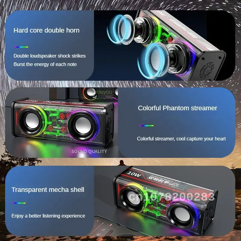 

V8 Bluetooth Speaker Dual Speaker Transparent Mecha Small Steel Cannon Dazzling Color High Power Subwoofer Creative Colorful