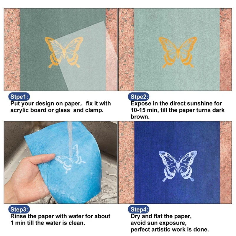 Juego de papel de cianotipo con Panel acrílico de 2 hojas, Kit de papel de impresión solar, papel artístico de impresión activada, papel de cianotipo