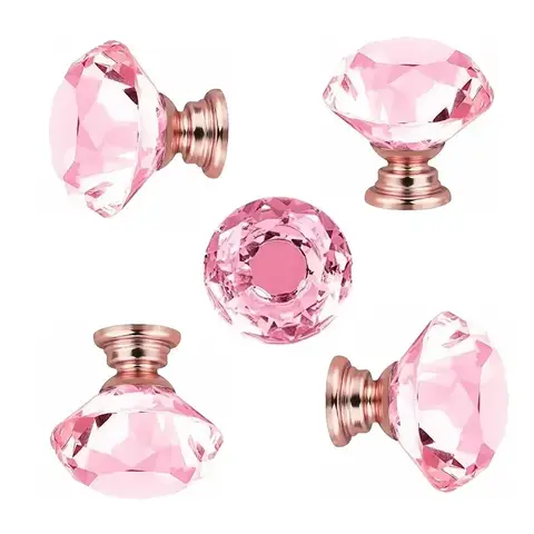 5/10Pcs Drawer Knobs Diamond Shaped Crystal Glass 30mm Cabinet Knobs Pull Handles (Pink)