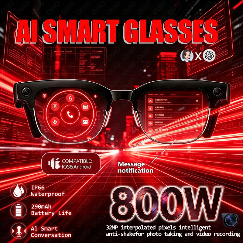 2026 New Fashion Smart Glasses AI Object Recognition AI Intelligent Voice 800W HD Camera Photo Video Recording Smart Glasses