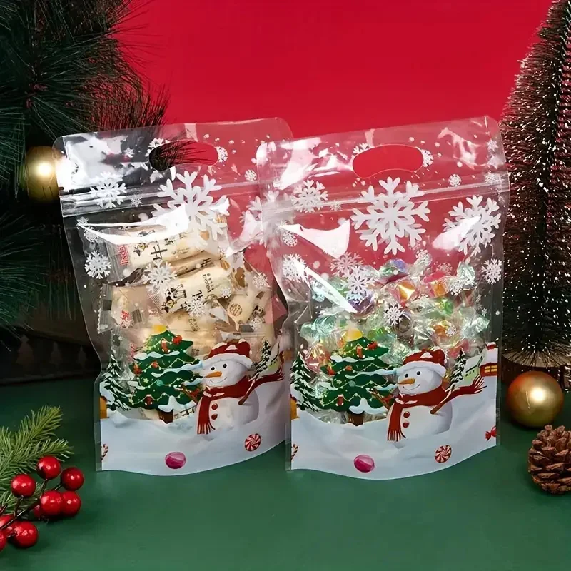 

50Pcs Plastic Christmas Snowman Cookie Bags Snowman Snowflake Pattern Transparent Candy Packaging Bags Thickened Holiday Gift