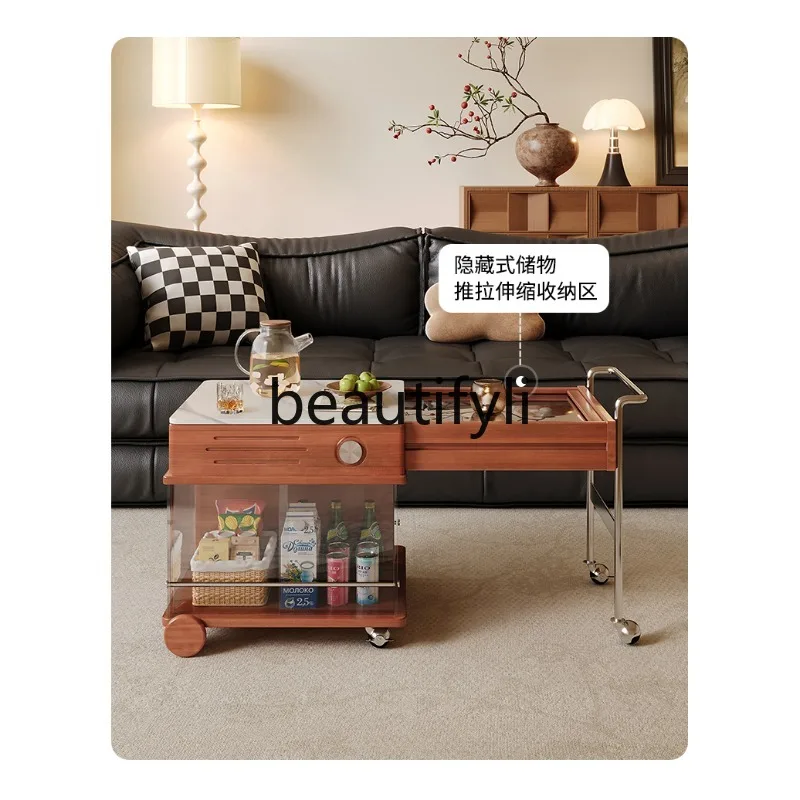

New Retro Extendable and Movable Coffee Table Rock Board Multifunctional Side Table Small Trolley