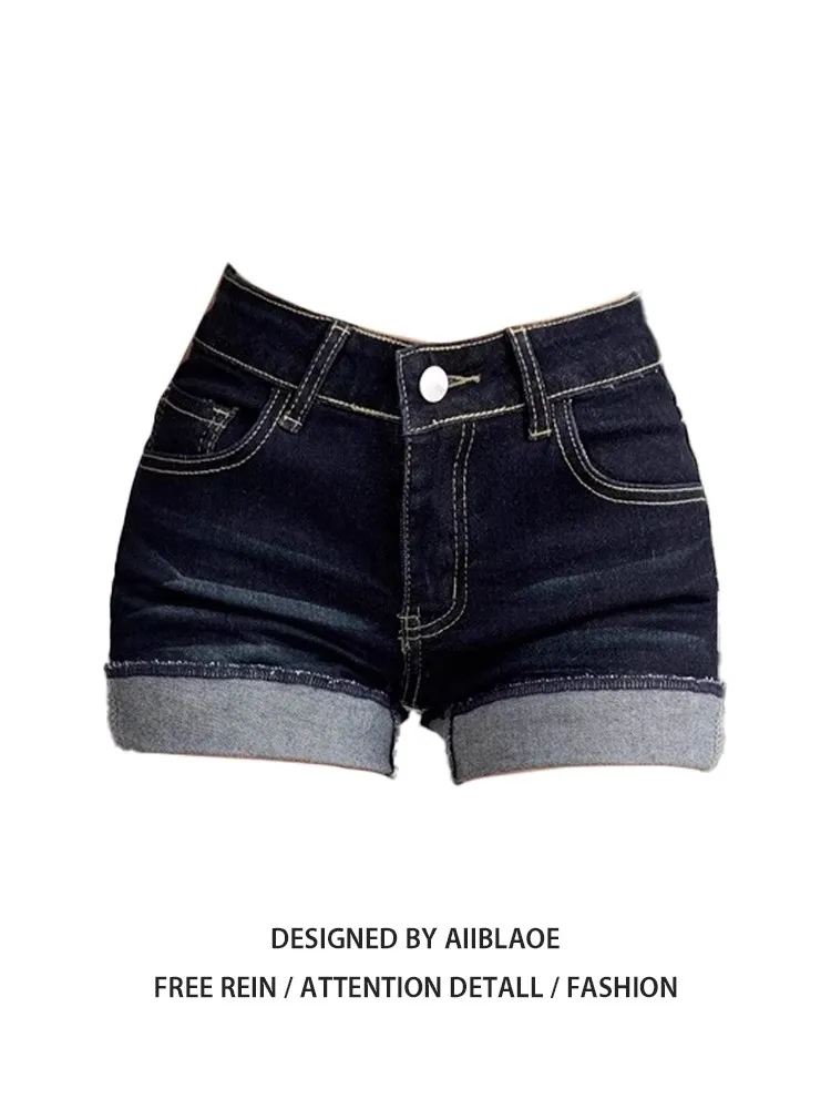 High Waist Slimming A-Line Denim Shorts Women's Spring Summer American Style Hot Girl Design Cuffed Thermal Shorts