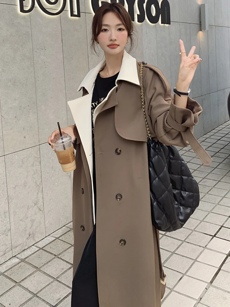 LANMREM Vintage Contrast Color Trench Coat Women Lapel Belt Double Breasted Windbreaker Fashion 2023 Autumn New Clothing 2AA3101