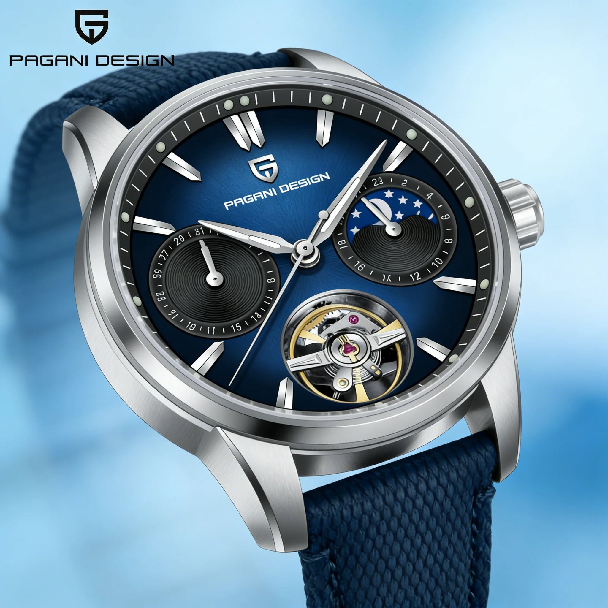 2026 NEW Pagani Design PDYS021 Sports Casual Men's Watch Automatic Skeleton Moon Phase Blue Dial Waterproof gift reloj hombr
