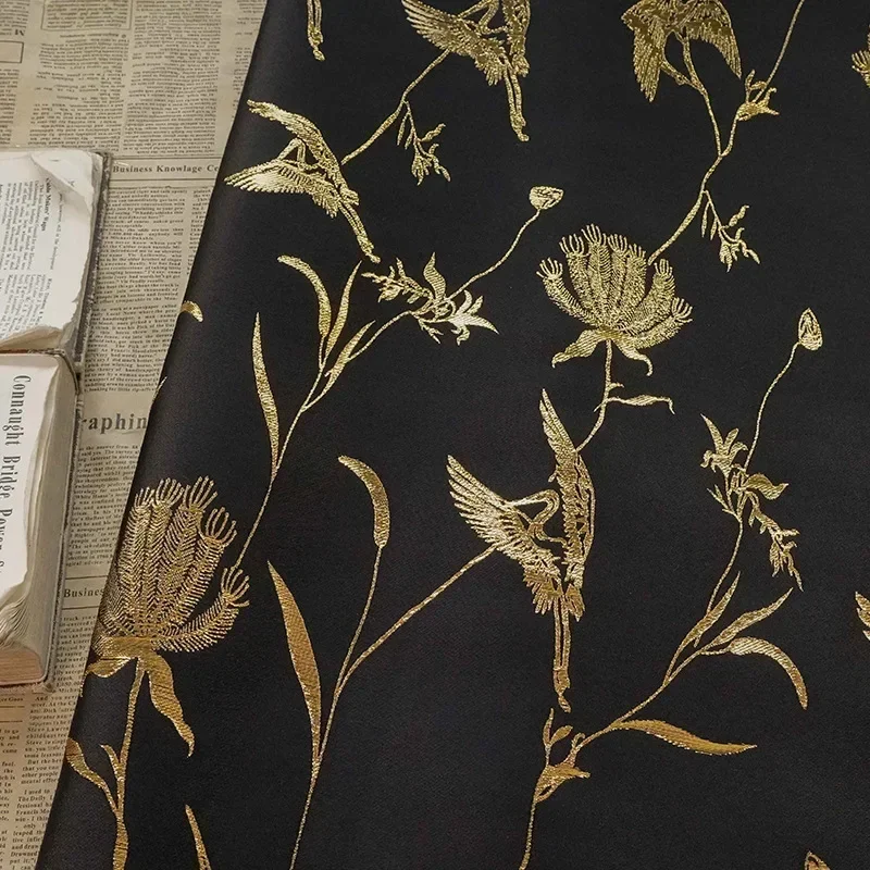 

Flower and Bird Black Gold Jacquard Fabric Retro Exquisite Dress Vest Cheongsam Decorative Sewing Fabric