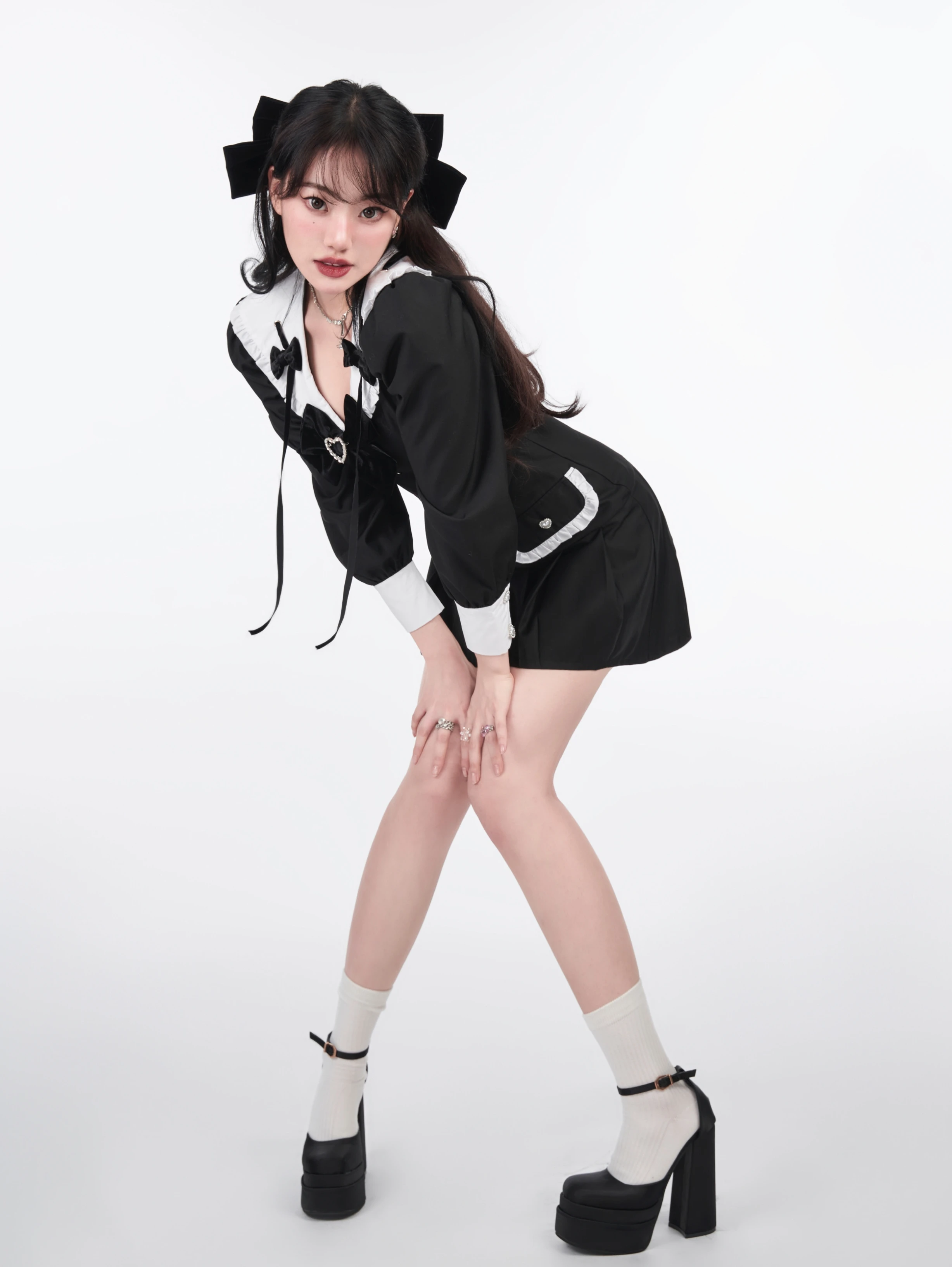 Japanese Sweet Preppy Style Sweet Cool Girl JK Dresses Navy Collar Bow Long Puff Sleeve High Waist Slim Short Dress Women Spring