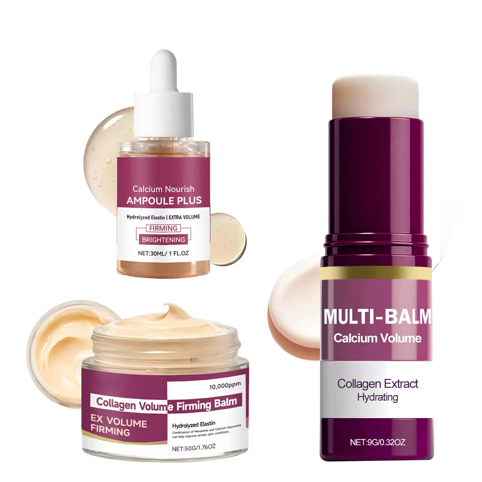 Korea Calcium Nourish Collagen Set – 30ml Ampoule + 50g Cream + 9g Balm Stick, 10,000ppm Collagen & Hydrolyzed Elastin Skincare