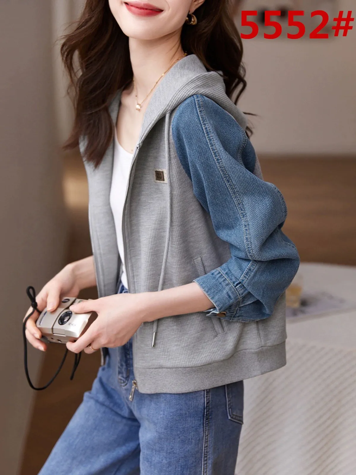 

Casual Denim Spliced Top New Hoodies Fashion Korea Sweatshirt Women Zip Up Hoodie Y2k Japanese Streetwear 2000s Tops Urban Emo