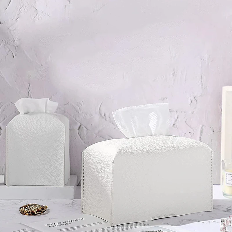 2Pcs Tissue Box PU Leather Tissue Box Holder, Toilet Tissue Box Square Tissue Holder For Bath Vanity Countertop,White