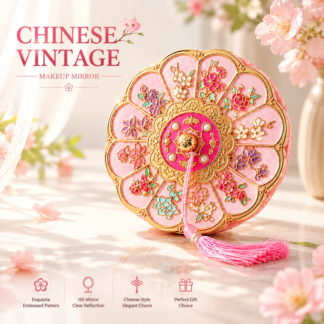 Ancient-style Creative Makeup Mirror, Portable and Portable Mirror, Chinese-style Flower Pattern Birthday Gift, Graduation Seaso