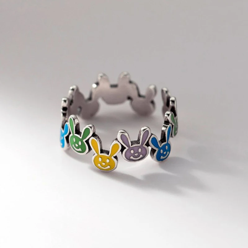 925 Sterling Silver Irregular Colorful Rabbit Rings For Women Female Simple Retro Style Handmade Fine Jewelry Birthday