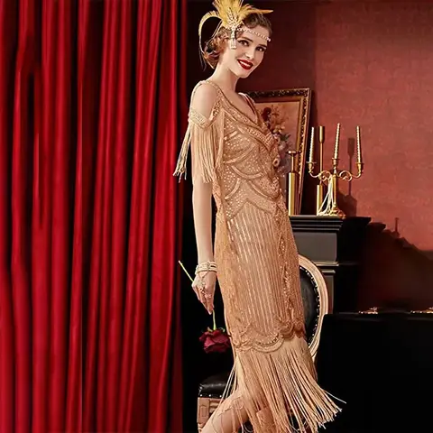 Gatsby Klänning 1920 Tema Dam Aftonfest Retro Fest Paljett V-ringad Hålaxlad Klänning Rheinstone 10 best sales 1920-talsklänning - №6