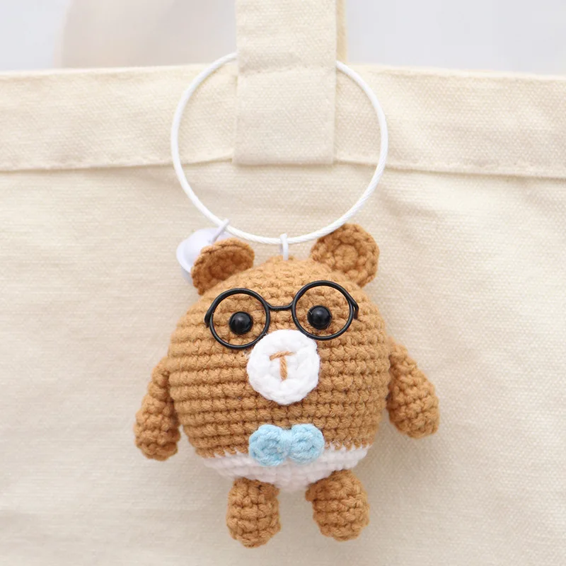 Handmade Crocheted Bear Dolls with Glasses Pendant Home Decoration Funny Knitted Toy Room Decor Christams Crocheted Craft Gifts