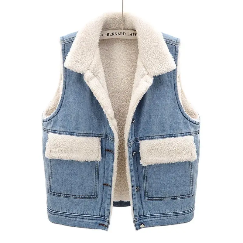 

Autumn Winter Lamb Wool Denim Vest Women's Waistcoat Add Velvet Thick Sleeveless Casual Jeans Jacket Outerwear Female Tops 5XL