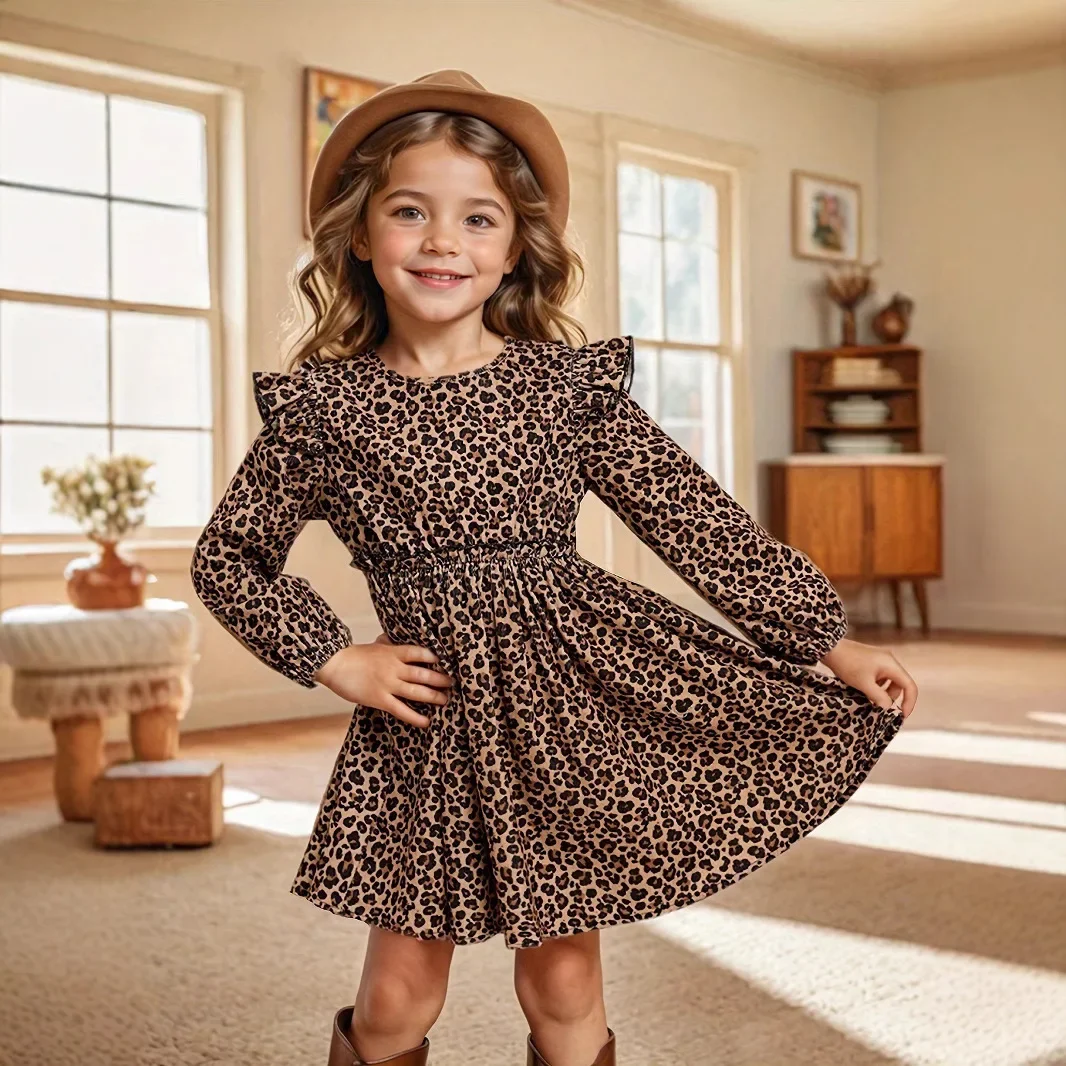 

New 2025 Spring Summer Baby Girls Leopard Print Ruffled Long Sleeve Round Neck Dress Casual Loose Princess Dresses Clothing