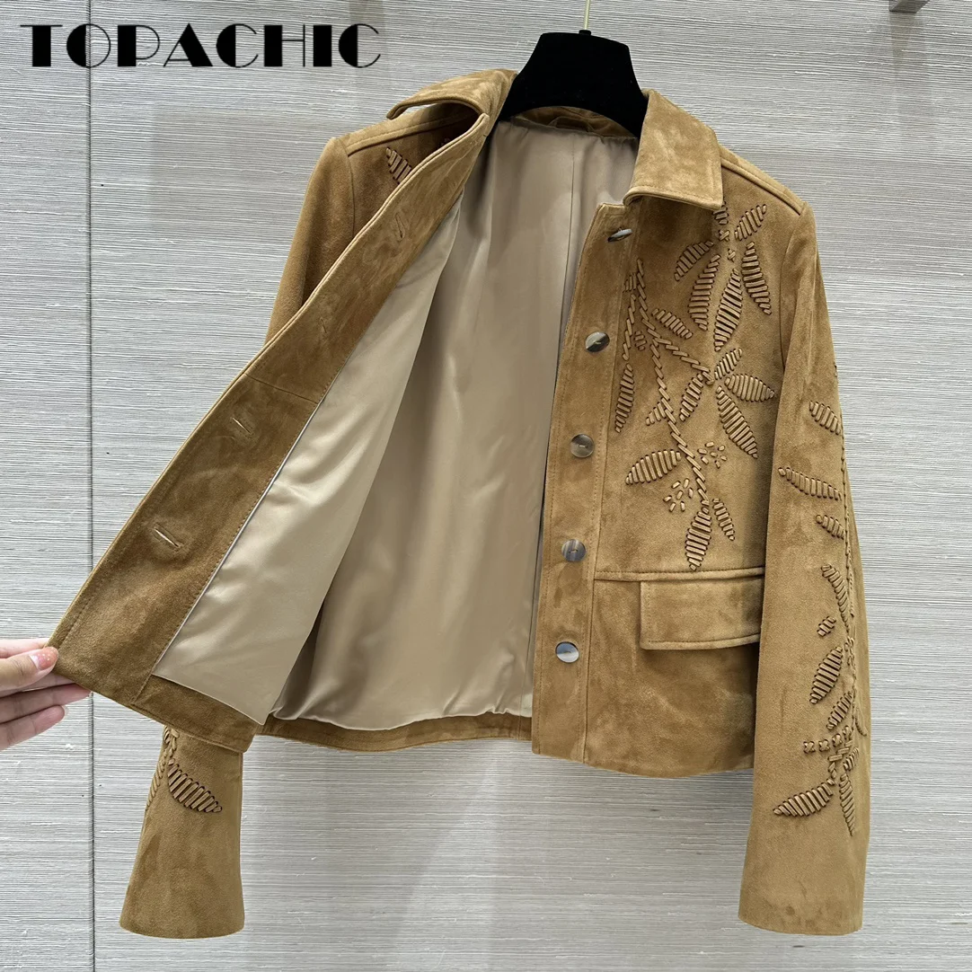 9.9 TOPACHIC-Women Vintage Lapel Genuine Leather Embroidered Jacket Suede Sheepskin Straight All-match Long Sleeve Casual Coat