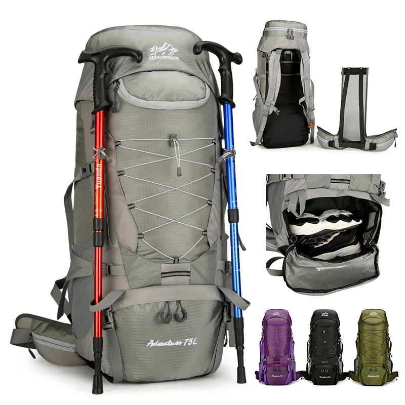 

75L Camping Backpack With Rain Cover Sport Hiking Bag with Detachable Stand Travel Bags Outdoor Climbing Mountaineering Rucksack