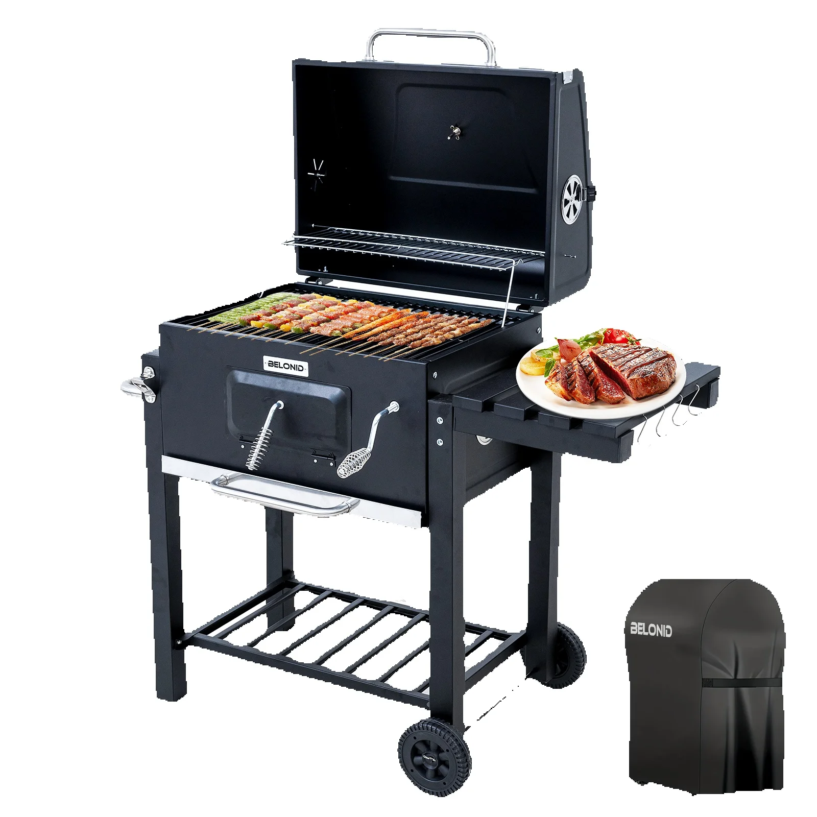 HOMAVO Holzkohlegrill mit Deckel, Grillfläche: 56×42.5 cm, Höhenverstellbare Kohlenwanne, Faltbarer Seitentisch