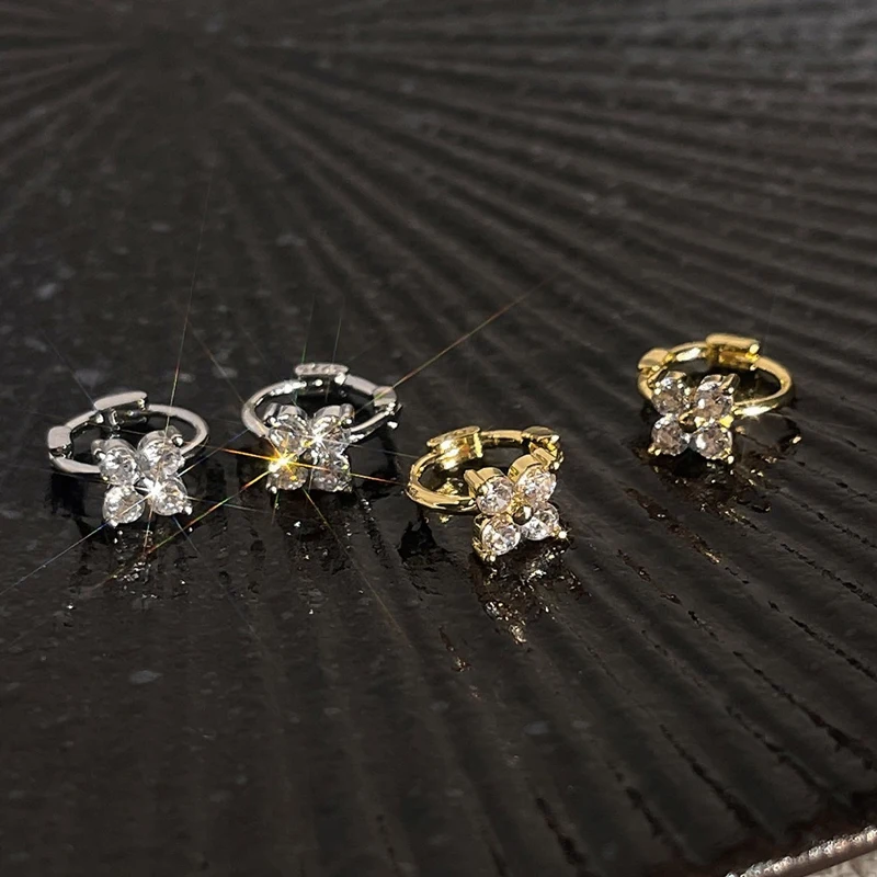 OXTAO Mini Cute Moissanite Floral-Style Earrings Female Jewelry Sweet Four Leaf Hoop Flower Earrings Jewelry 14K Gold Filled - view 4