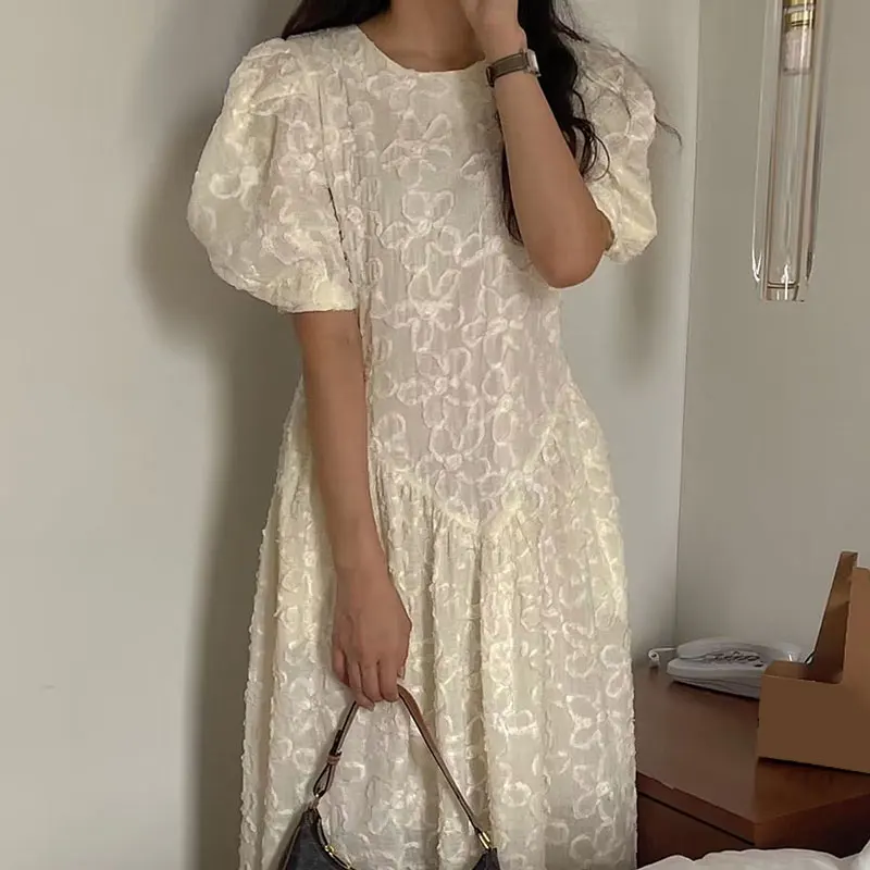 ชุดเดรสยาวทรงบับเบิ้ล ดีไซน์ดอกไม้ 3 มิติ สไตล์เกาหลี แฟชั่นผู้หญิง เอวสูง รุ่น Chic Spring Gentle Personali round Ne