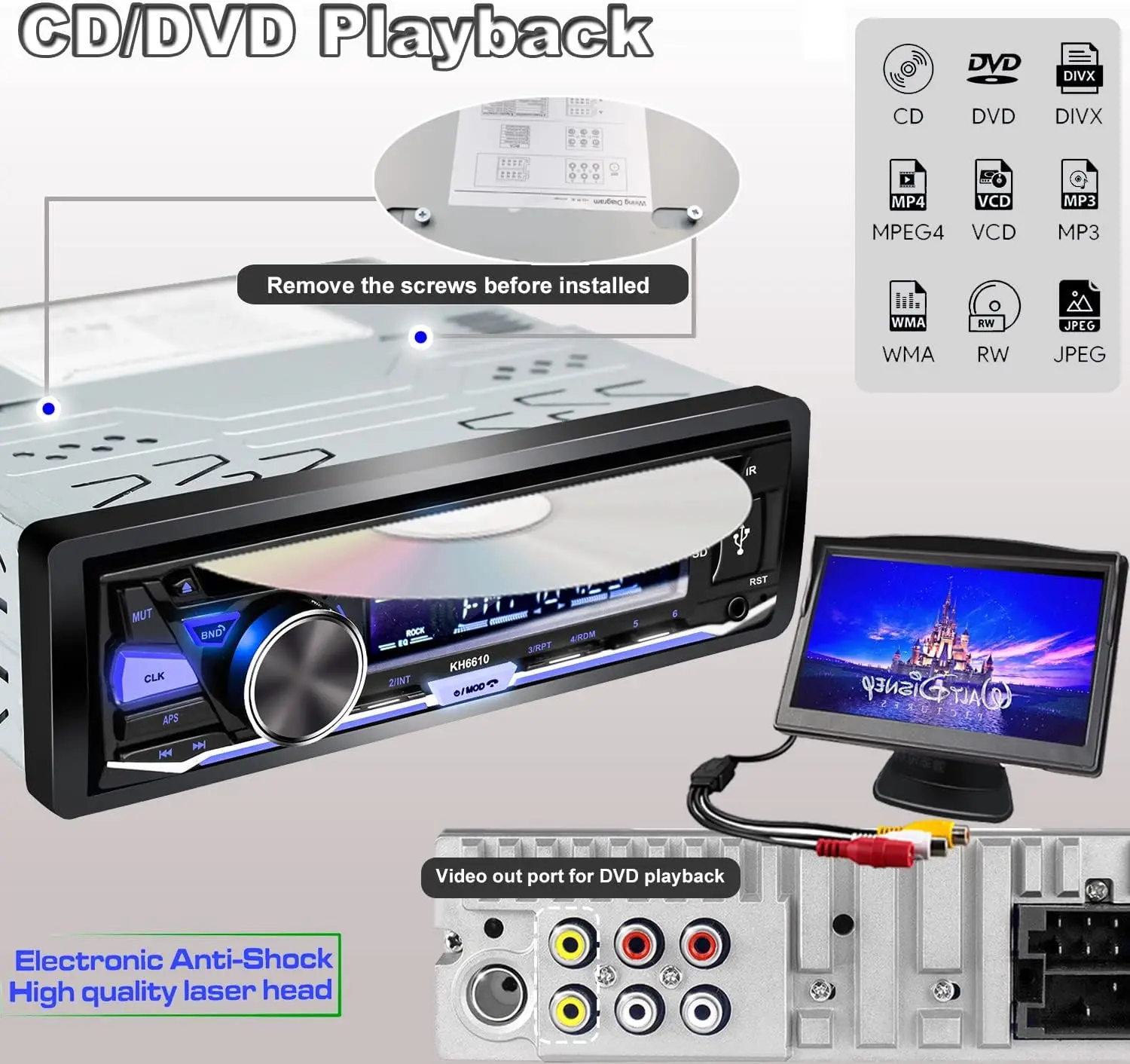 Autoradio singolo Din con lettore CD/DVD |   Bluetooth |   Radio FM/AM/RDS |   Ricevitore audio USB SD AUX