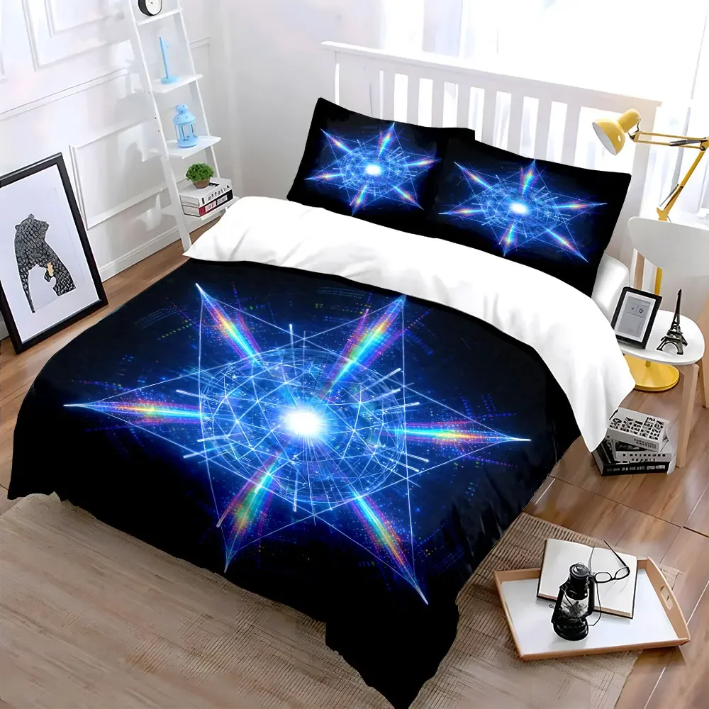 3Pcs Neon Geometric Bedding Set, Rainbow Light Star Pattern Print Duvet Cover + 2 Pillowcases, Techno Vibe home Decor