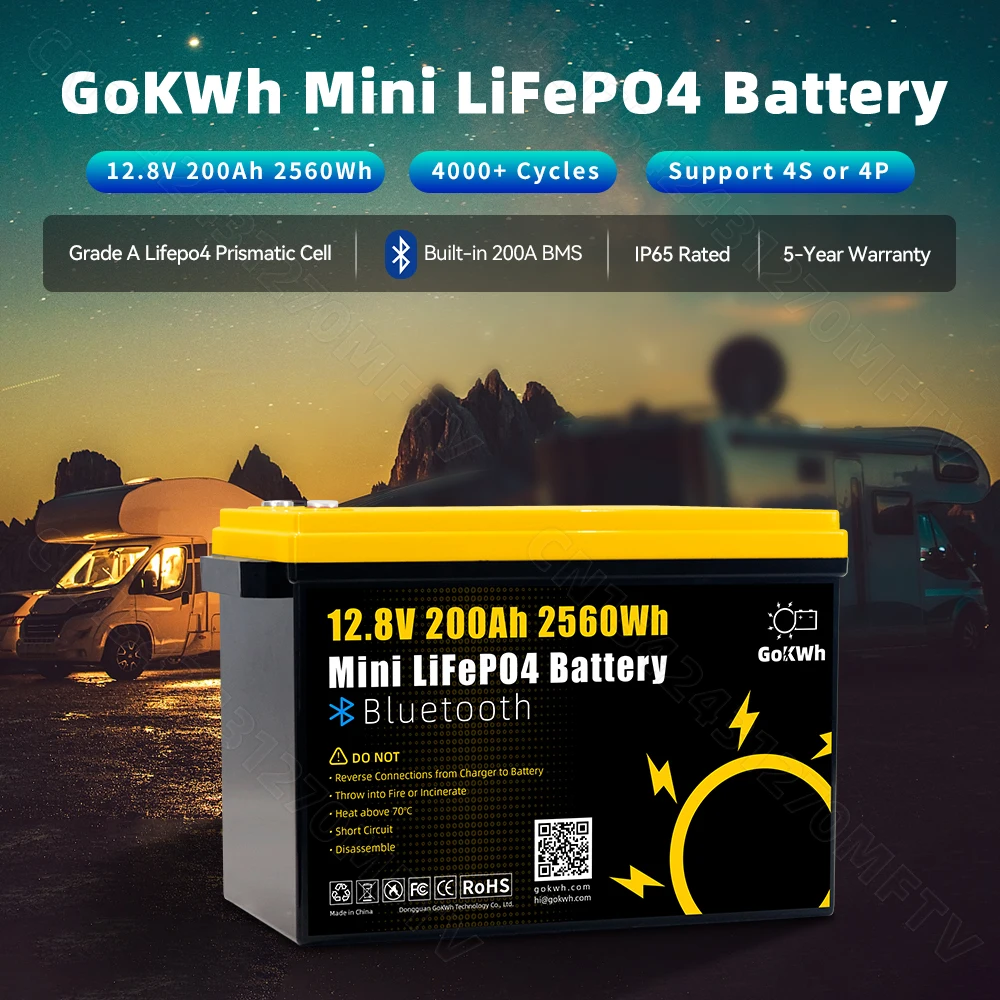 With BT Grade A 12V 200Ah LiFePO4 Battery Pack built-in 4S 200A BMS Rechargeable Cell Pack DIY 24V 48V For RV EV Golf Carts Boat