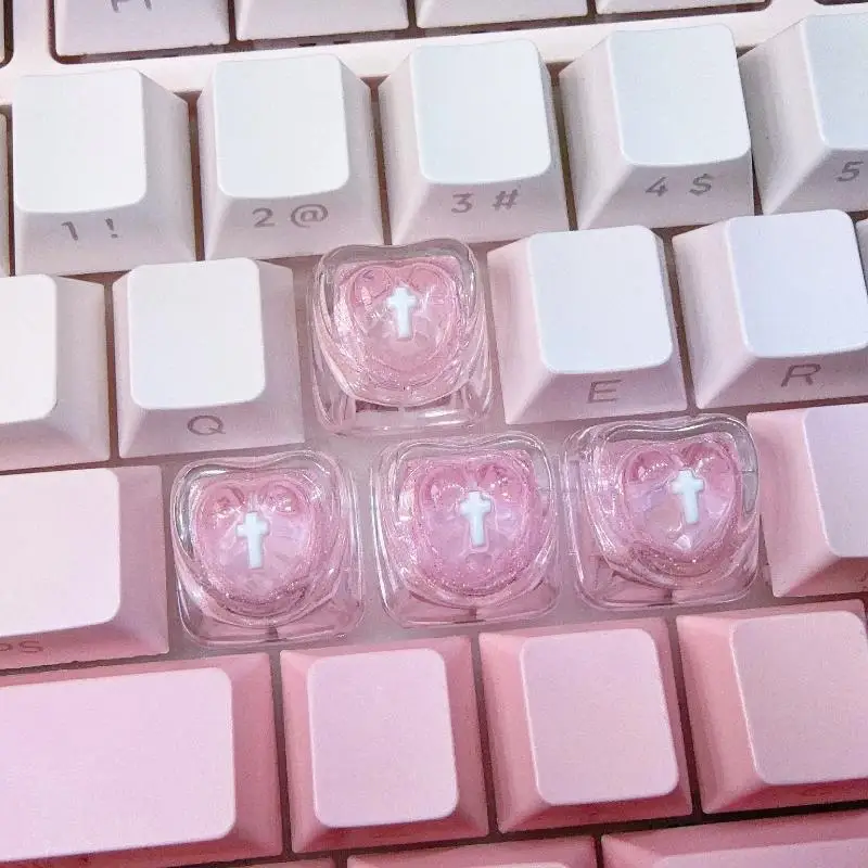 1/4Pcs Heart-Shaped Translucent Keycaps For Girls With Long Nails Cute WASD Arrow Key Cross Mechanical Keyboard Keycaps