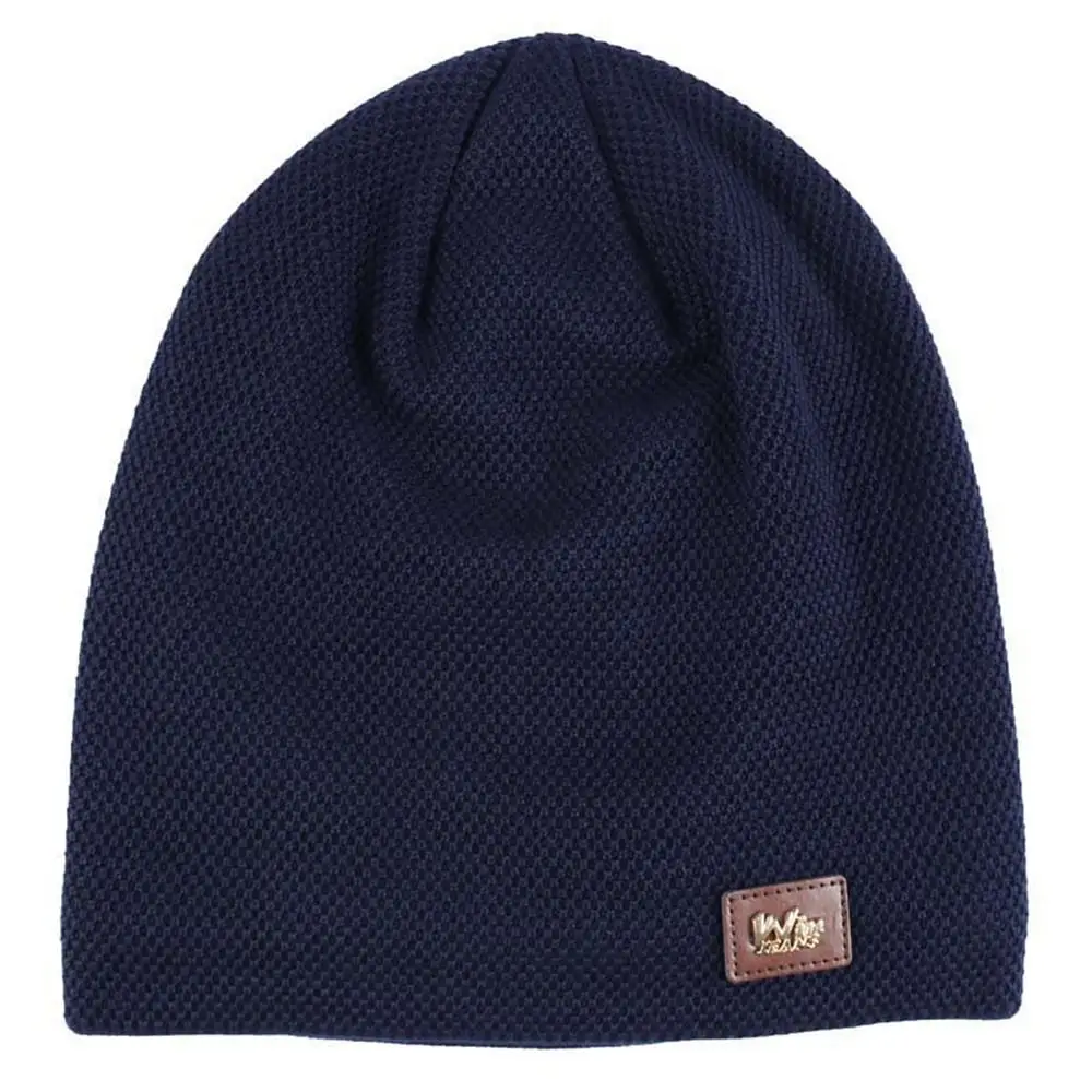 New Warm Fleece Lined Casual Knitted Hat Label Decor Knitted Material Winter Beanie Solid Pullover Warm Fleece Hat Winter Season