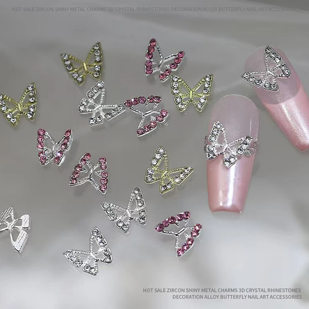 10 Stück Schmetterling Nail Art Charms 3D-Legierung Luxus rosa Diamant Edelstein Schmetterling Nagel Strass Kawaii DIY Nagel Zubehör