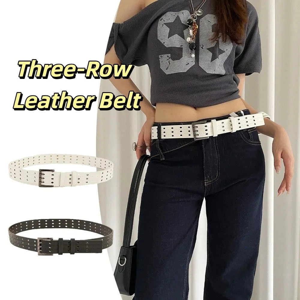 

Vintage Three-Row Wide Belt Y2k Black White Leather Waistband Versatile Harajuku Women's Dress Jeans Belt Waist Accessories
