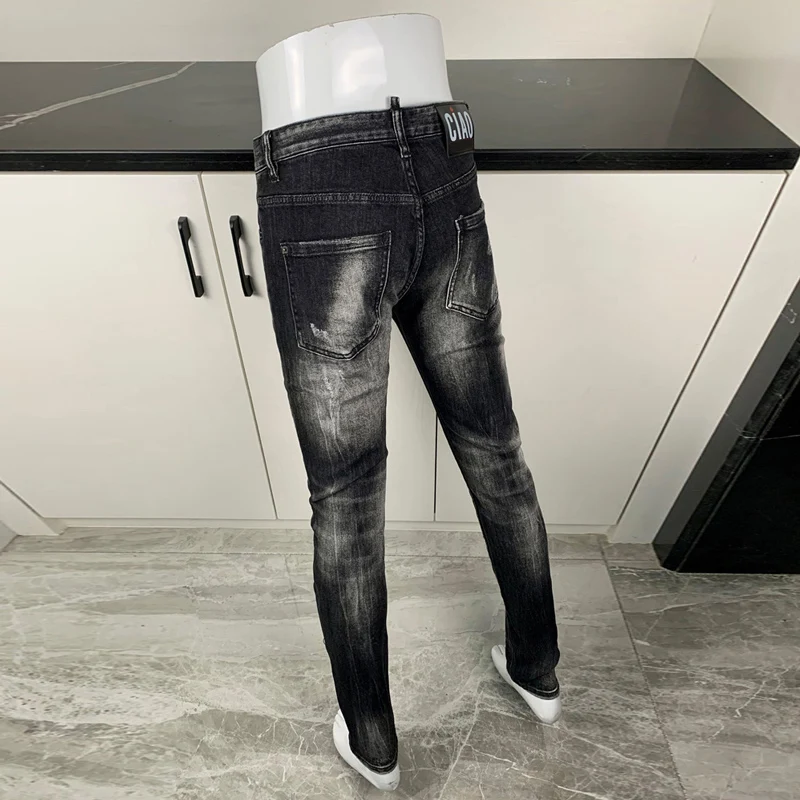 Streetwear Fashion Men Jeans Retro Black Gray Stretch Slim Fit Ripped Jeans Men Vintage Designer High Quality Brand Denim Pants