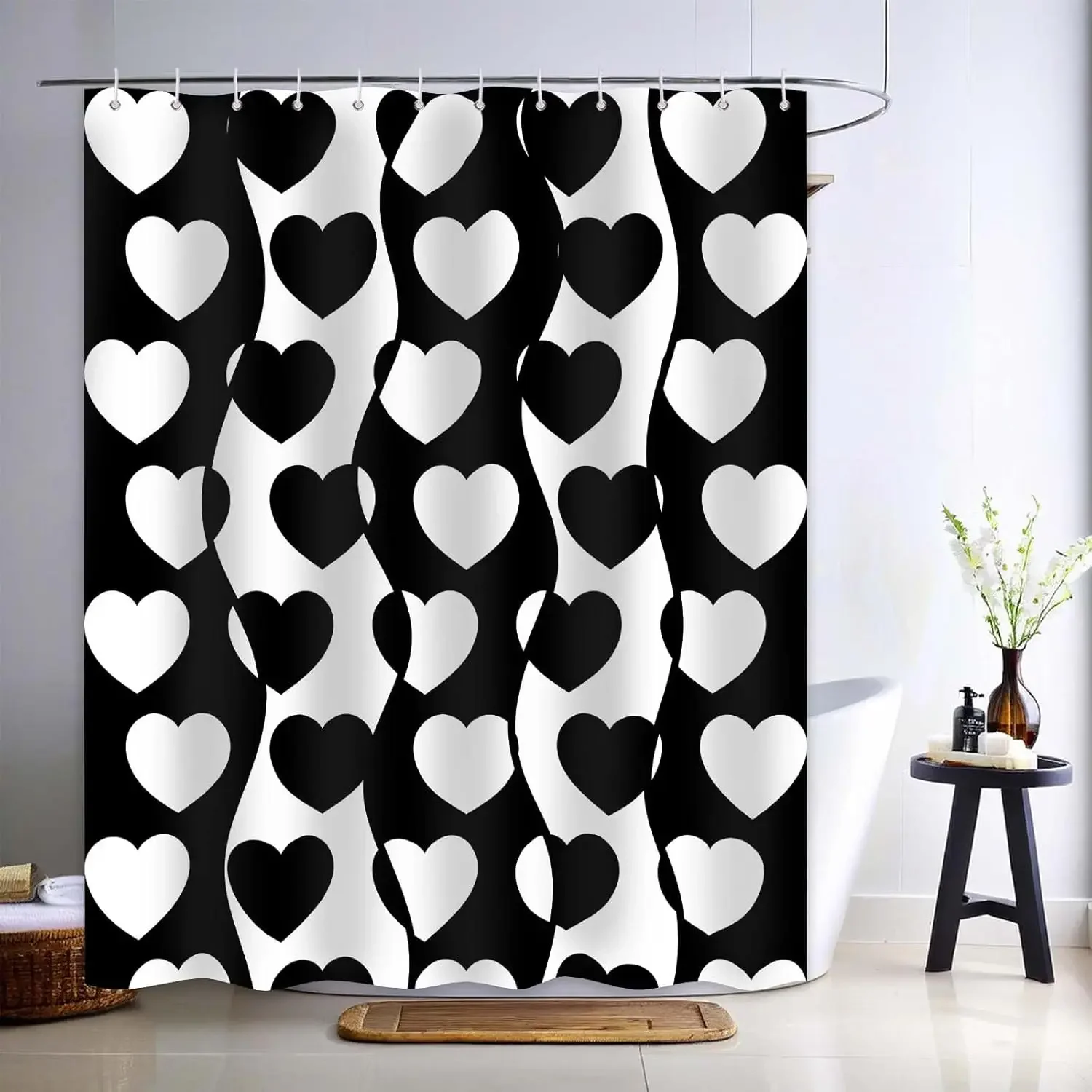 Bathroom black and white heart-shaped shower curtain, 1990 s 2000 s Valentine's Day modern waterproof bathtub curtain decoration