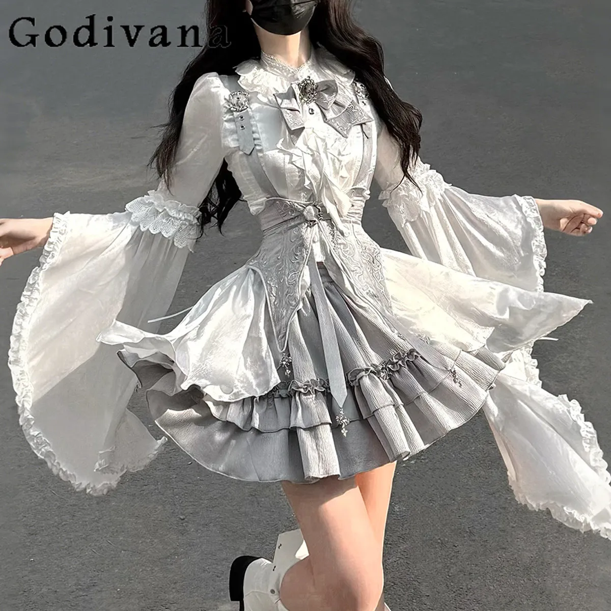 

Original Gothic Lolita Dress Set Spring and Summer New Women's Sweet Slim-Fit Horn Sleeves Shirt Skirt Waist Seal 3-piece Set