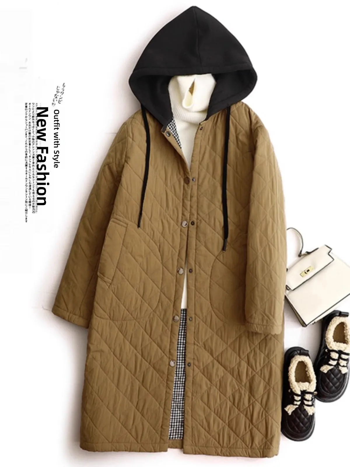 

Retro Thiened Cotton Jaet Women's Mid-Length Loose Casual Warm Cotton Coat Outerwear with Hood Long Sve Autumn Winter