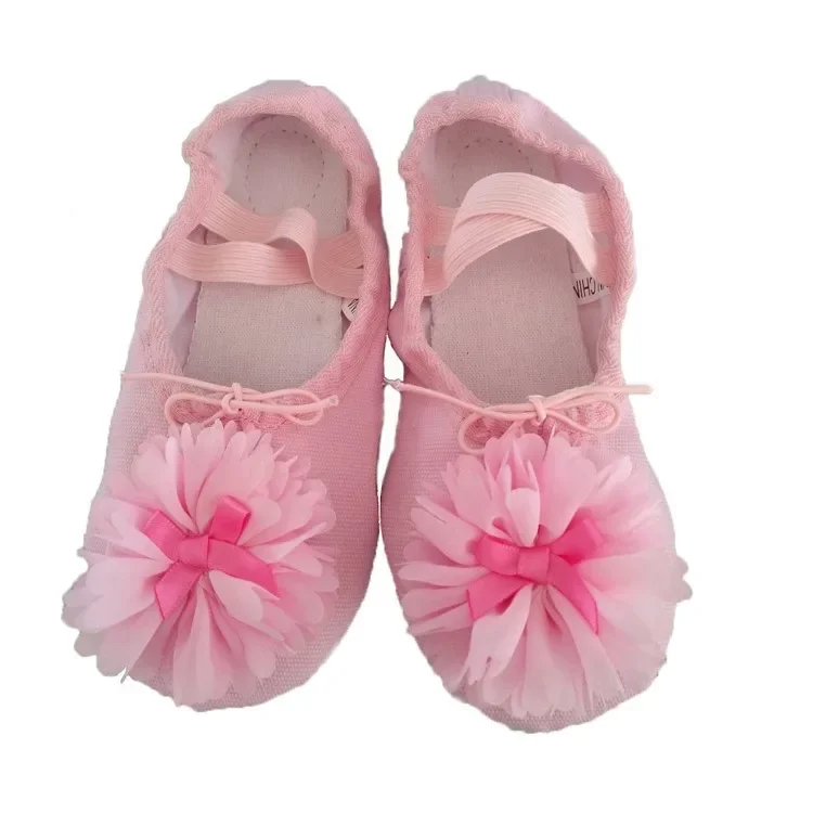 Sapatos de dança infantis, tecido todo de algodão, balé para Wo, dobra dupla rosa e Wo, flor grande, laço vermelho rosa