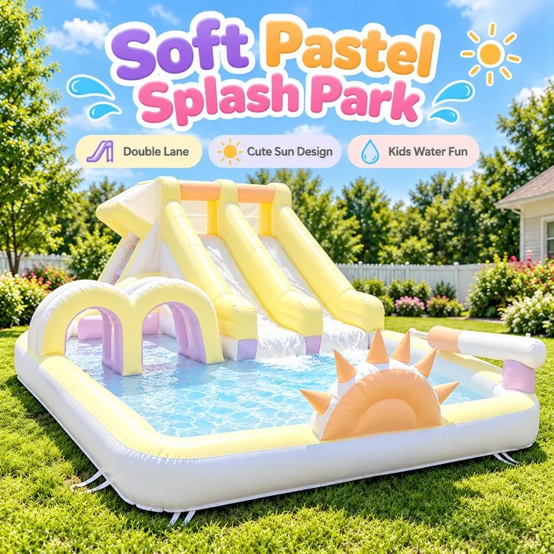 Pastel Inflatable Obstacle Course Water Slide Park Double Lane Splash Pool Outdoor  for Kids Backyard Party Rental Business