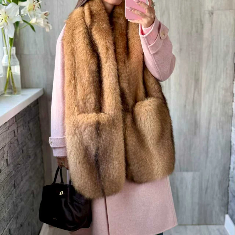 

Tornova Long Scarf Fur Collar Capes Women Warm Furry Winter Imitation Fox Fur Shawl Ccarf With Pocket Retreo Fashion Streetwear