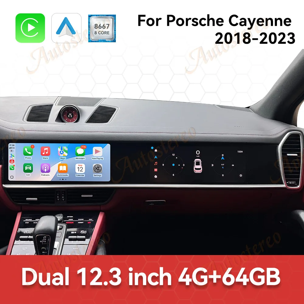 Dual Screen 12.3Inch Carplay For Porsche Cayenne 2018-2023 Upgraded Interactive Android 14 Multimedia Video Player Heat Unit