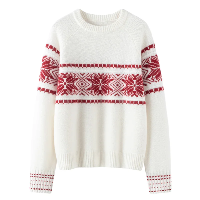 

Women' Thicken 100%Pure Cashmere Sweater Winter New O-Neck Jacquard Knitted Pullover Fashion Large Size Warm Tops High-End Shirt