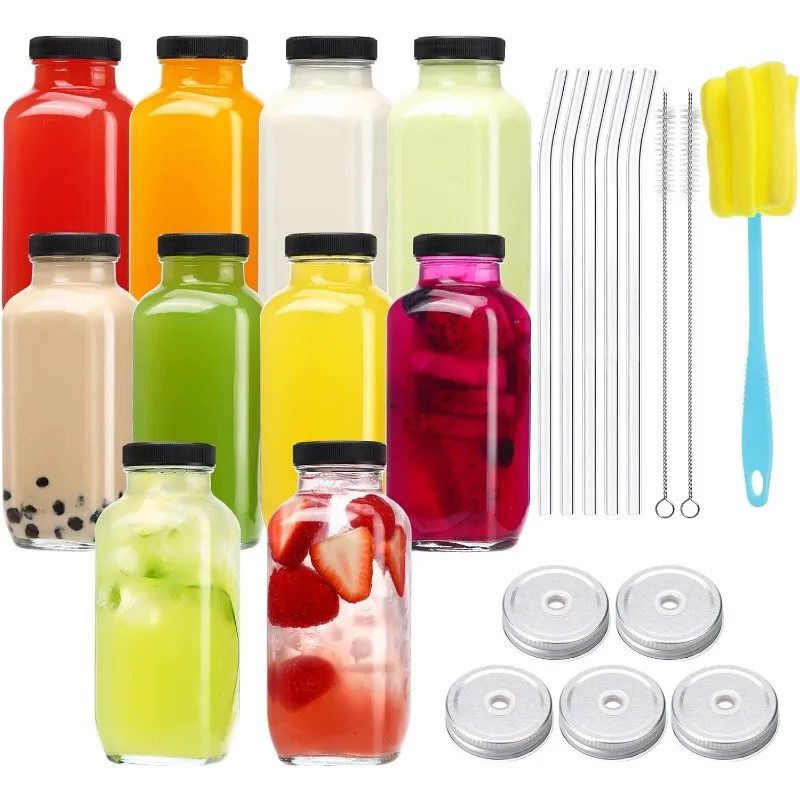 10pcs 16oz, Reusable Juice Containers Drinking Jars Water Cups with Brush, Glass Straws, Lids with Hole