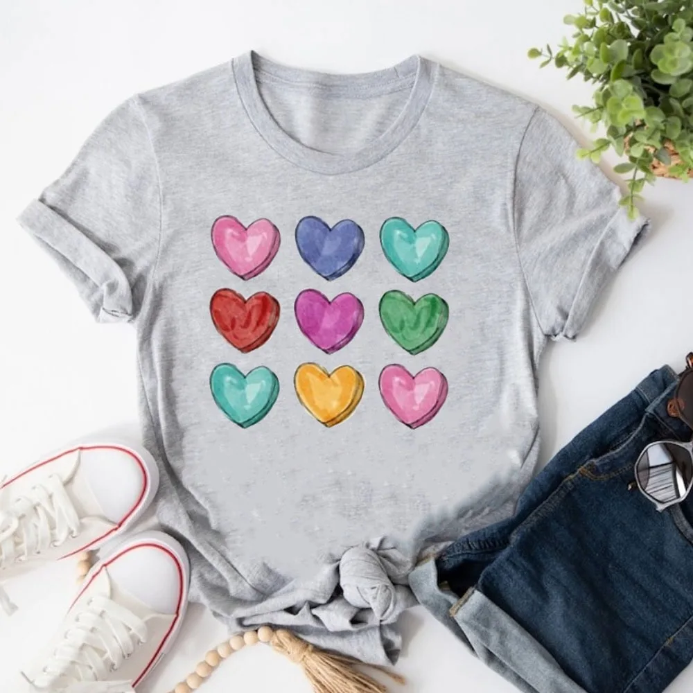 قميص عيد الحب على شكل قلب، قمصان عيد الحب للنساء المعلمين، أزياء الشارع، محب بأكمام قصيرة