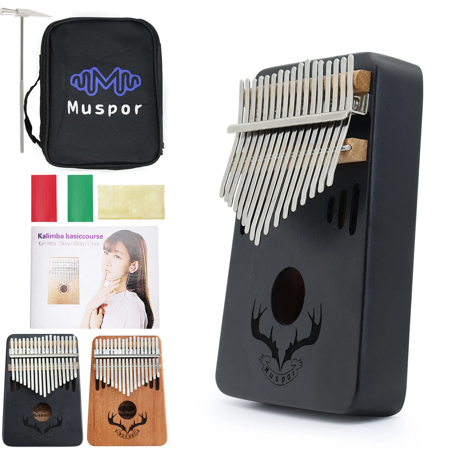 Muspor 17 Key Peach Blossom Core Wooden Thumbhard Kalimba Gift Bag (Sound Hole Reindeer Antlers)